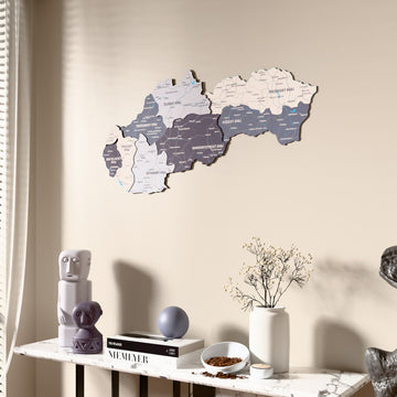 Nimbus Slovakia wooden wall map beside a sheer curtain, angled view