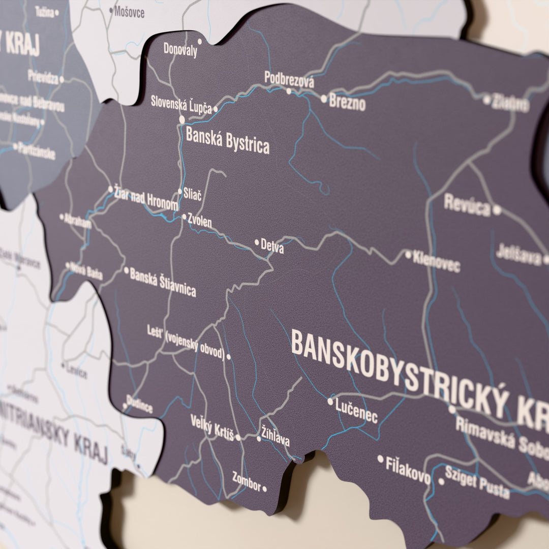 Close-up of the Nimbus Slovakia wooden wall map with layered regions and printed names
