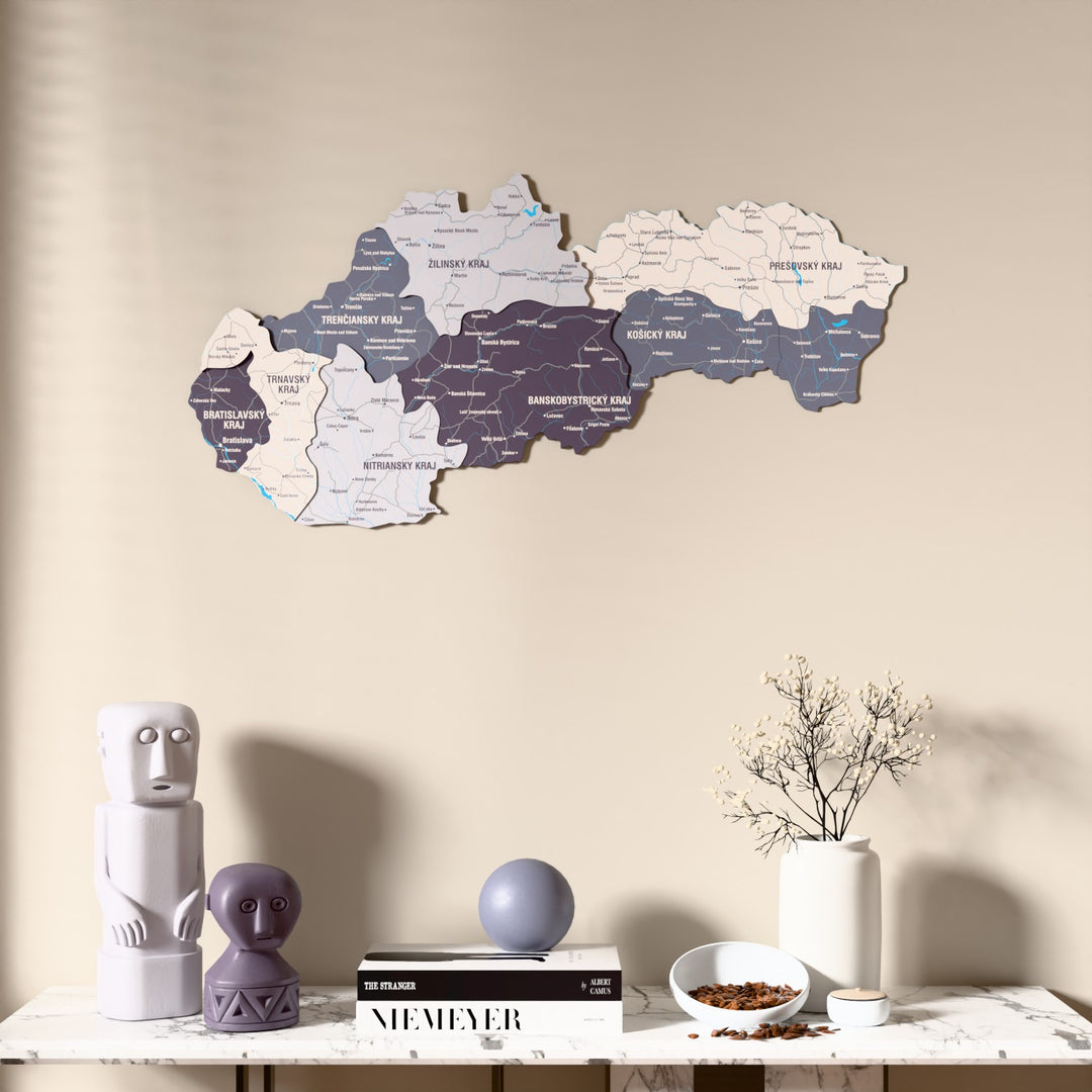 Nimbus Slovakia wooden wall map above a marble console, front view