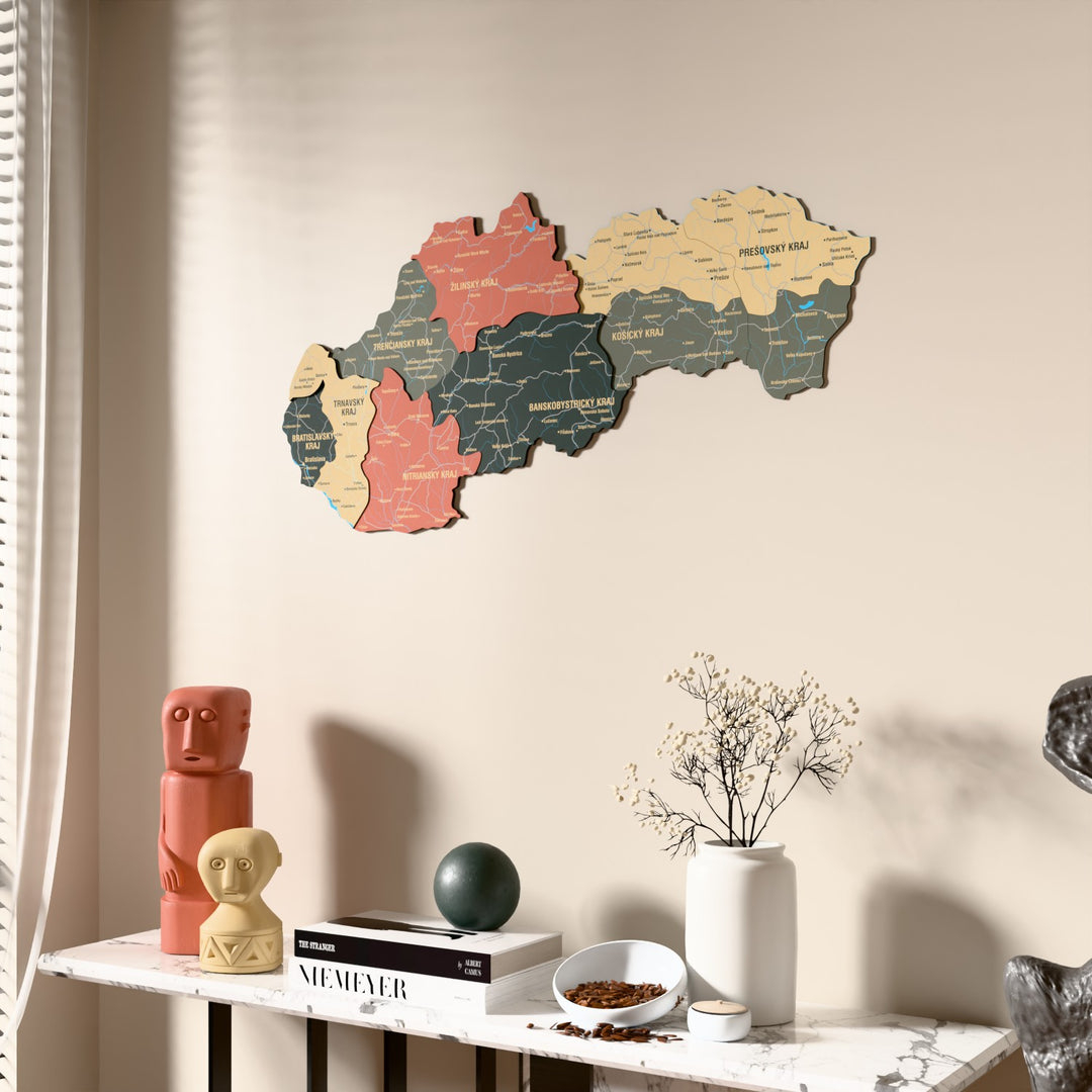 Sage Slovakia wooden wall map beside a sheer curtain, angled view