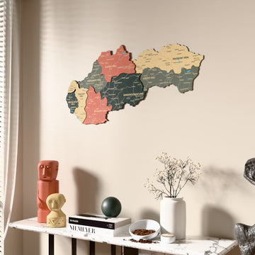 Sage Slovakia wooden wall map beside a sheer curtain, angled view