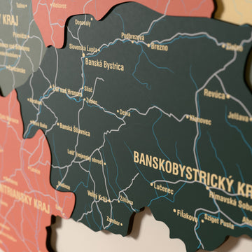Close-up of the Sage Slovakia wooden wall map with layered regions and printed names