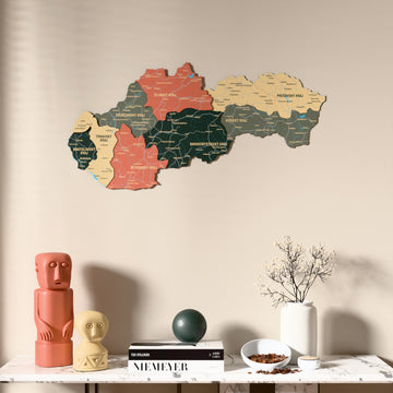 Sage Slovakia wooden wall map above a marble console, front view