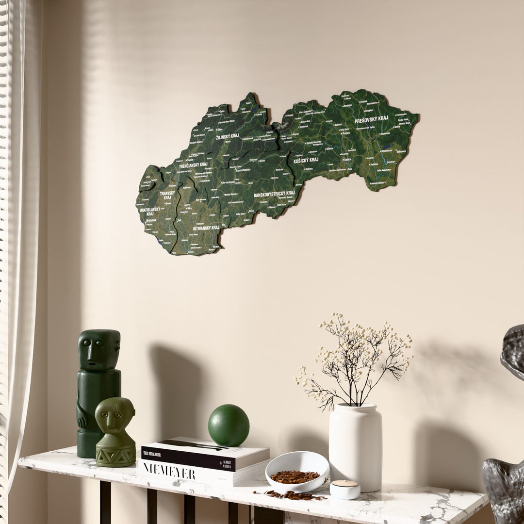 Satellite Slovakia wooden wall map beside a sheer curtain, angled view