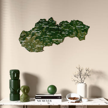Satellite Slovakia wooden wall map above a marble console, front view