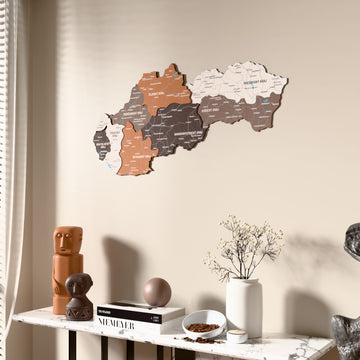 Soil Slovakia wooden wall map beside a sheer curtain, angled view