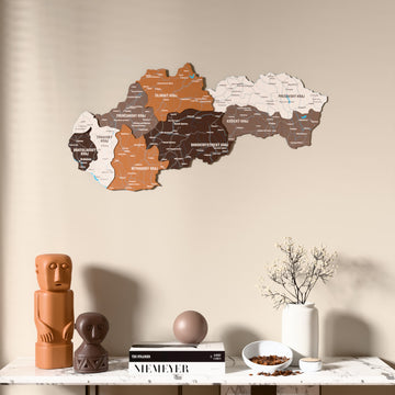 Soil Slovakia wooden wall map above a marble console, front view