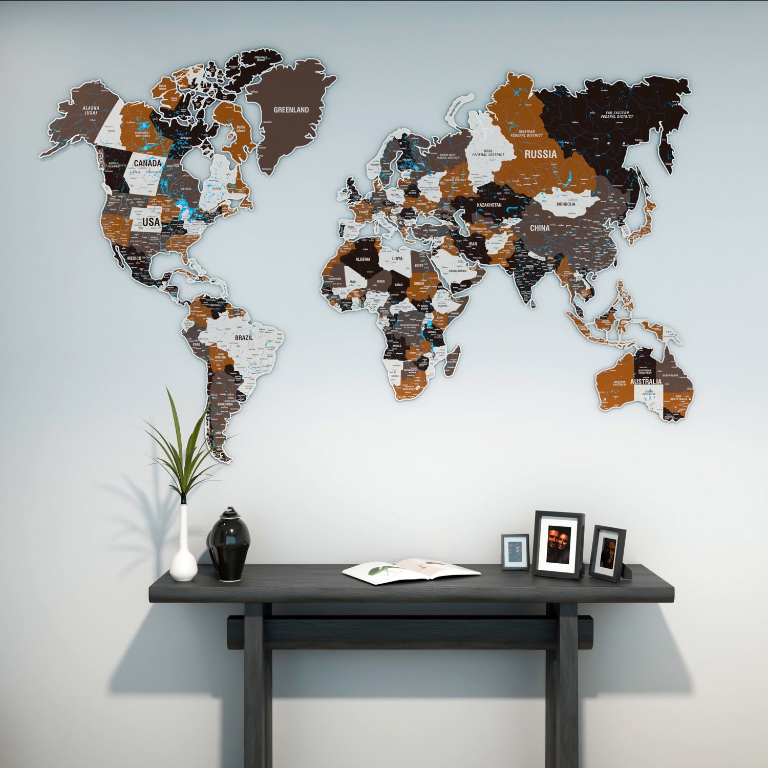 Soil Tone Metal World Map - UV Printed Metal Wall Art