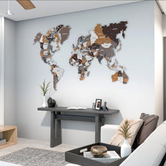 Soil metal world map in brown, orange and white above a dark console table in a living room
