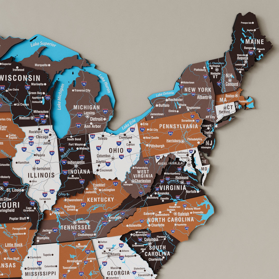 Wonderful United States Wall Map | Multi-Layered Wooden Stylish Decor - Soil Colors