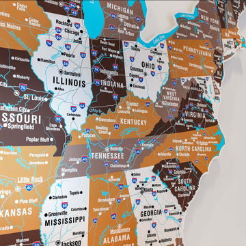 Close-up of Illinois, Ohio, Kentucky and Tennessee on the Soil metal USA map with highways and city names