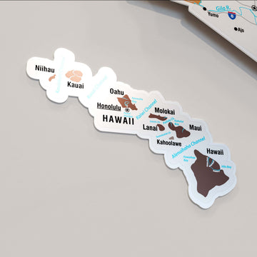 Close-up of the Hawaii island piece on the Soil metal USA map with Oahu, Maui and Hawaii labels