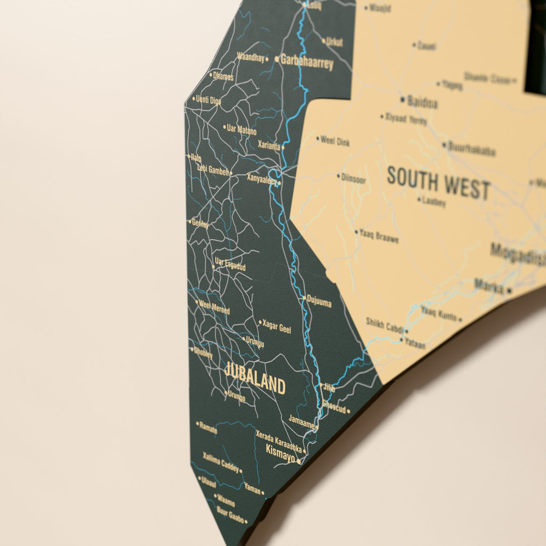 Close-up of the Sage Somalia wooden wall map with layered regions and printed names