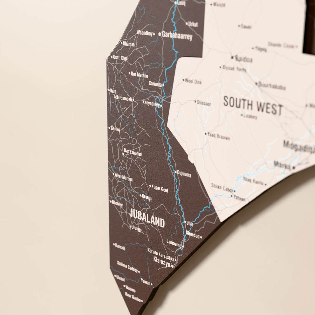 Close-up of the Soil Somalia wooden wall map with layered regions and printed names