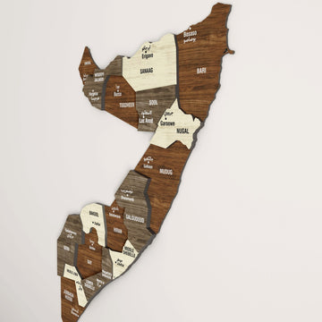 Somalia wooden wall map from a steep side angle, showing Sanaag, Nugal and Mudug in raised layers