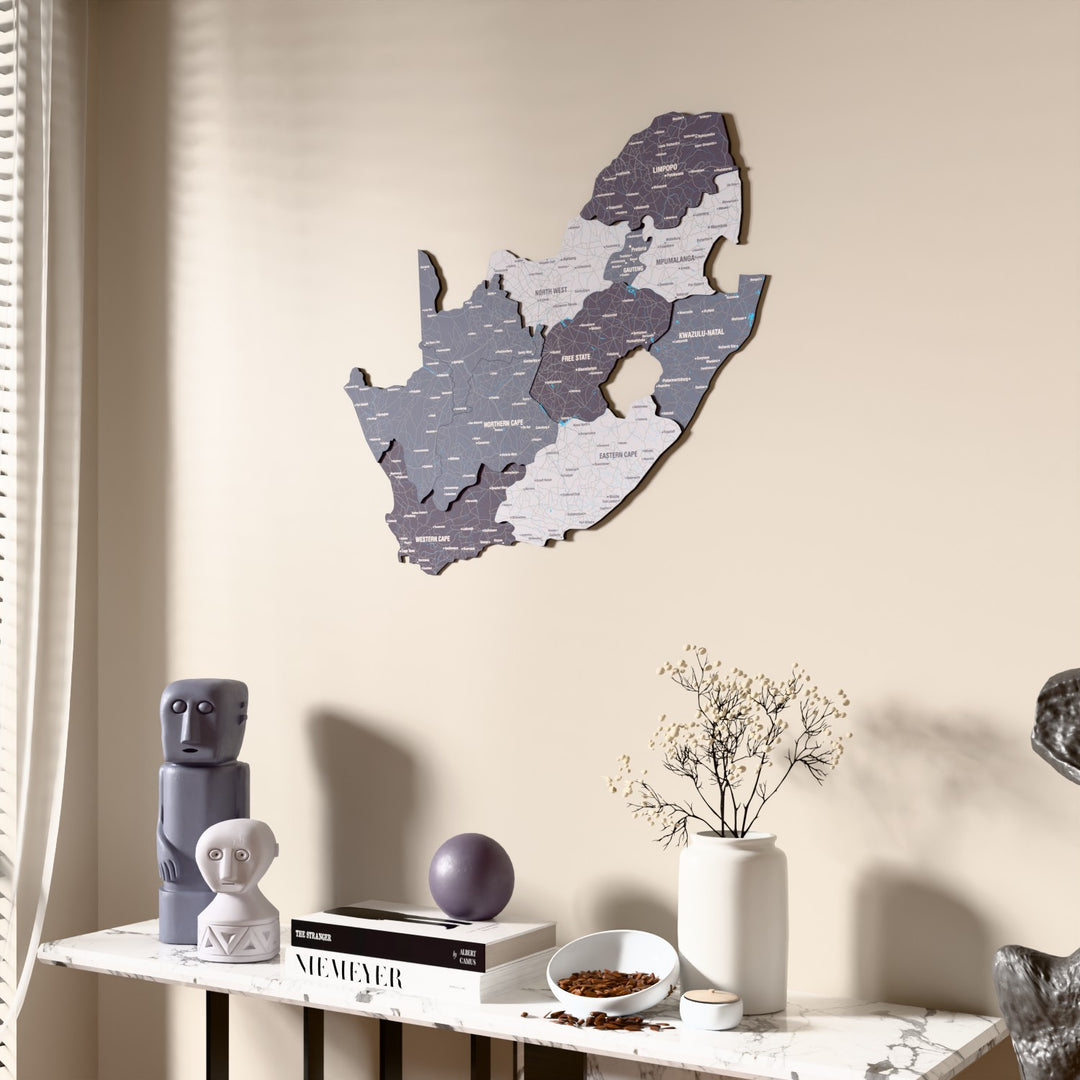 Nimbus South Africa wooden wall map beside a sheer curtain, angled view
