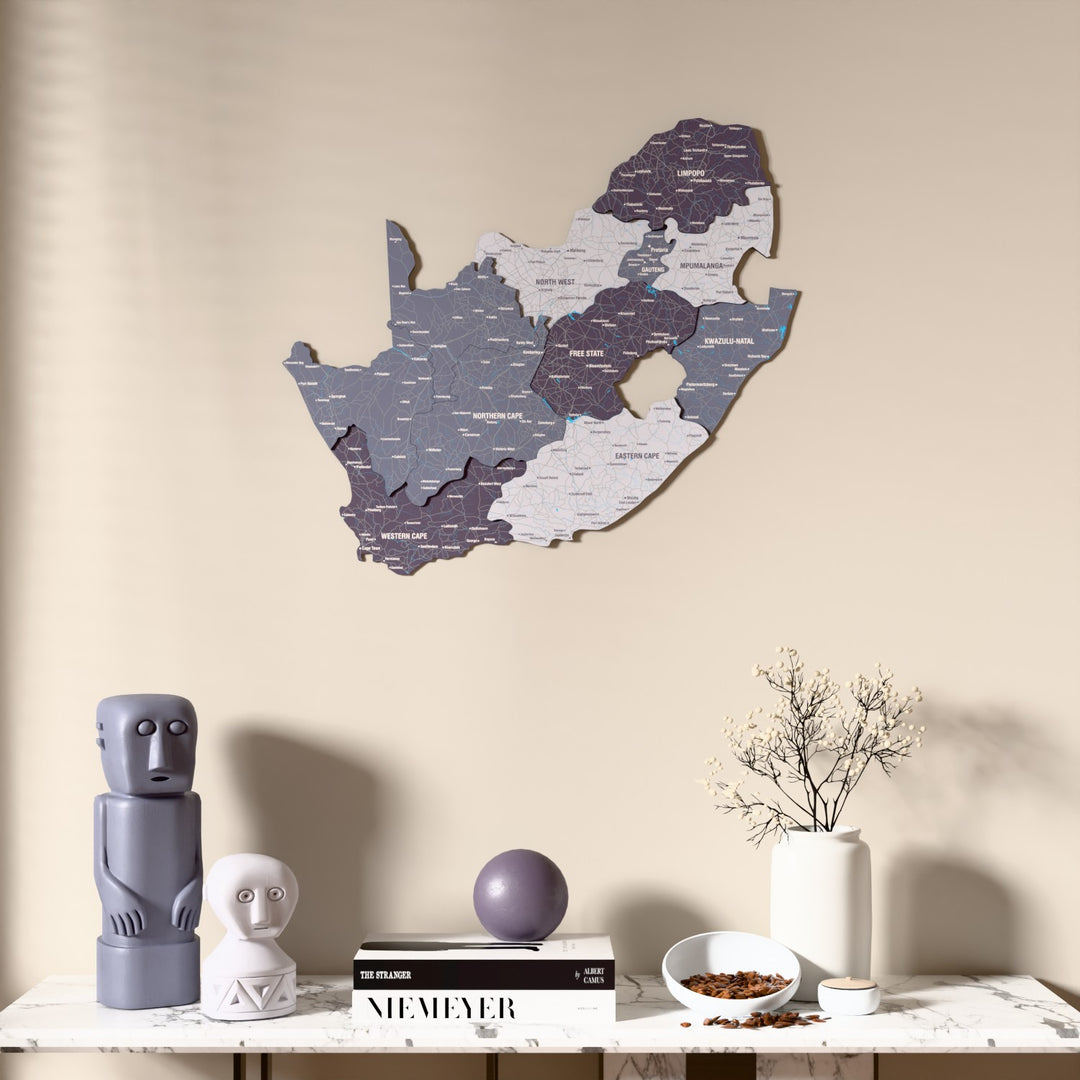 Nimbus South Africa wooden wall map above a marble console, front view