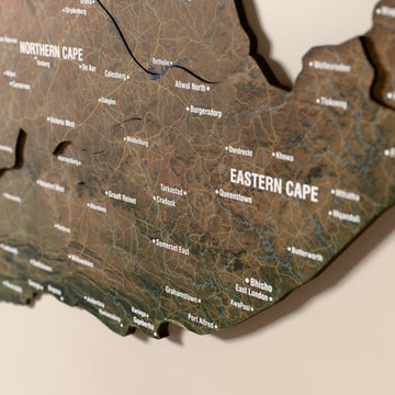 Close-up of the Satellite South Africa wooden wall map with layered regions and printed names