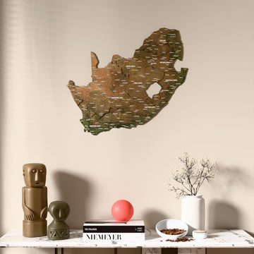 Satellite South Africa wooden wall map above a marble console, front view