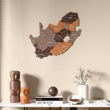 Soil South Africa wooden wall map above a marble console, front view