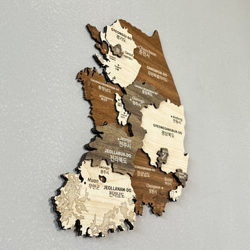 South Korea wooden wall map seen from a low side angle, showing Korean labels and layered wood depth
