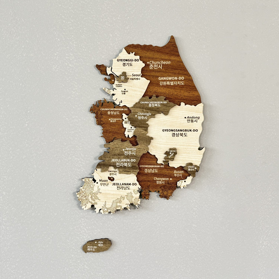 South Korea wooden wall map with province names in Korean and English, brown and cream wood, straight-on view