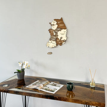 South Korea wooden wall map medium view above a resin desk with a green mug