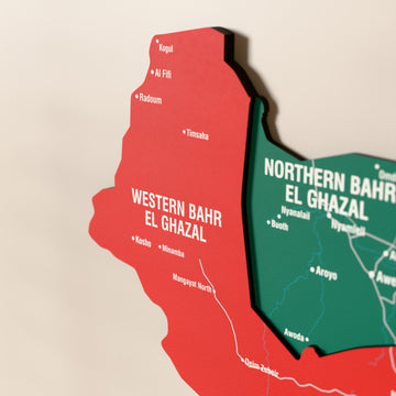 Close-up of the Flag colored South Sudan wooden wall map with layered regions and printed names