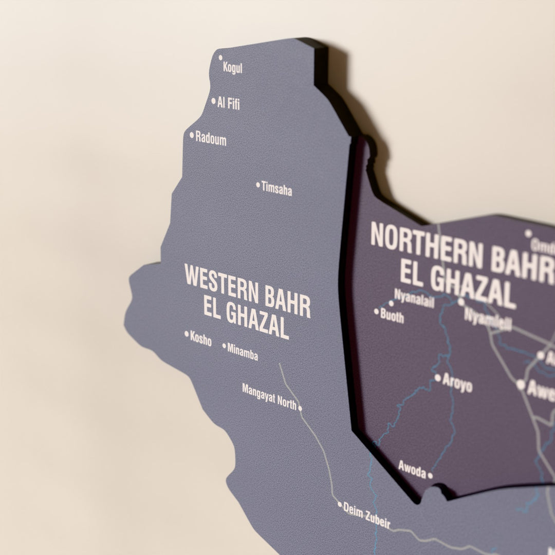 Close-up of the Nimbus South Sudan wooden wall map with layered regions and printed names