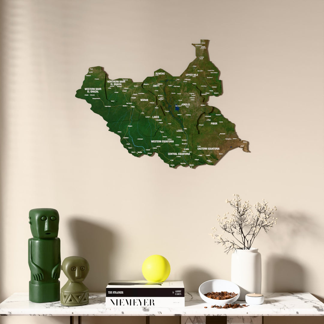 Satellite South Sudan wooden wall map above a marble console, front view