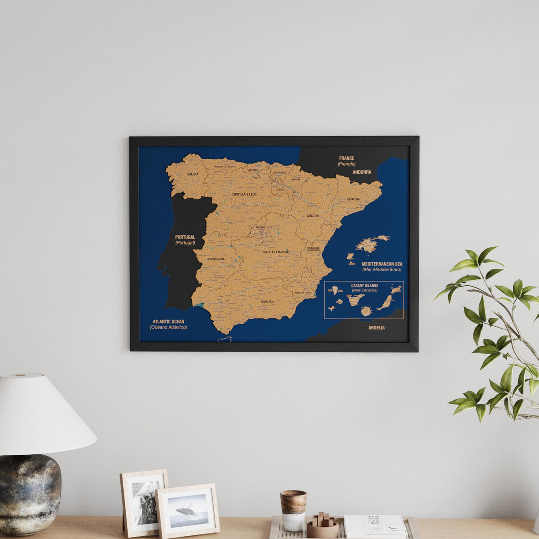 Framed Spain Cork Wall Map Decor