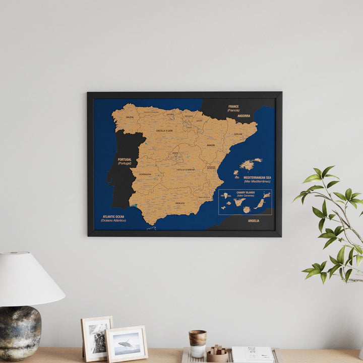 Framed Spain Cork Wall Map Decor