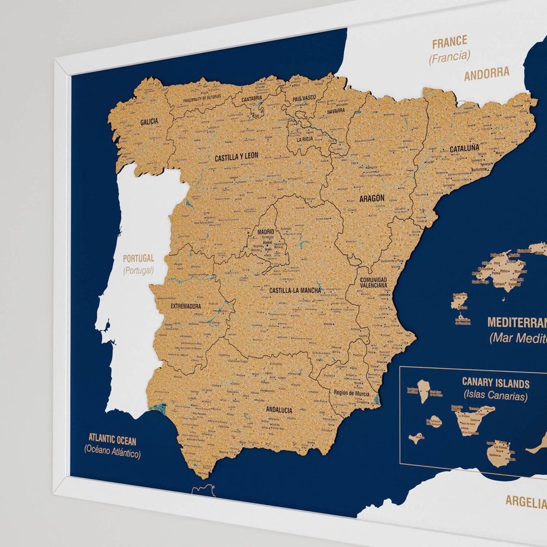 Framed Spain Cork Wall Map Decor