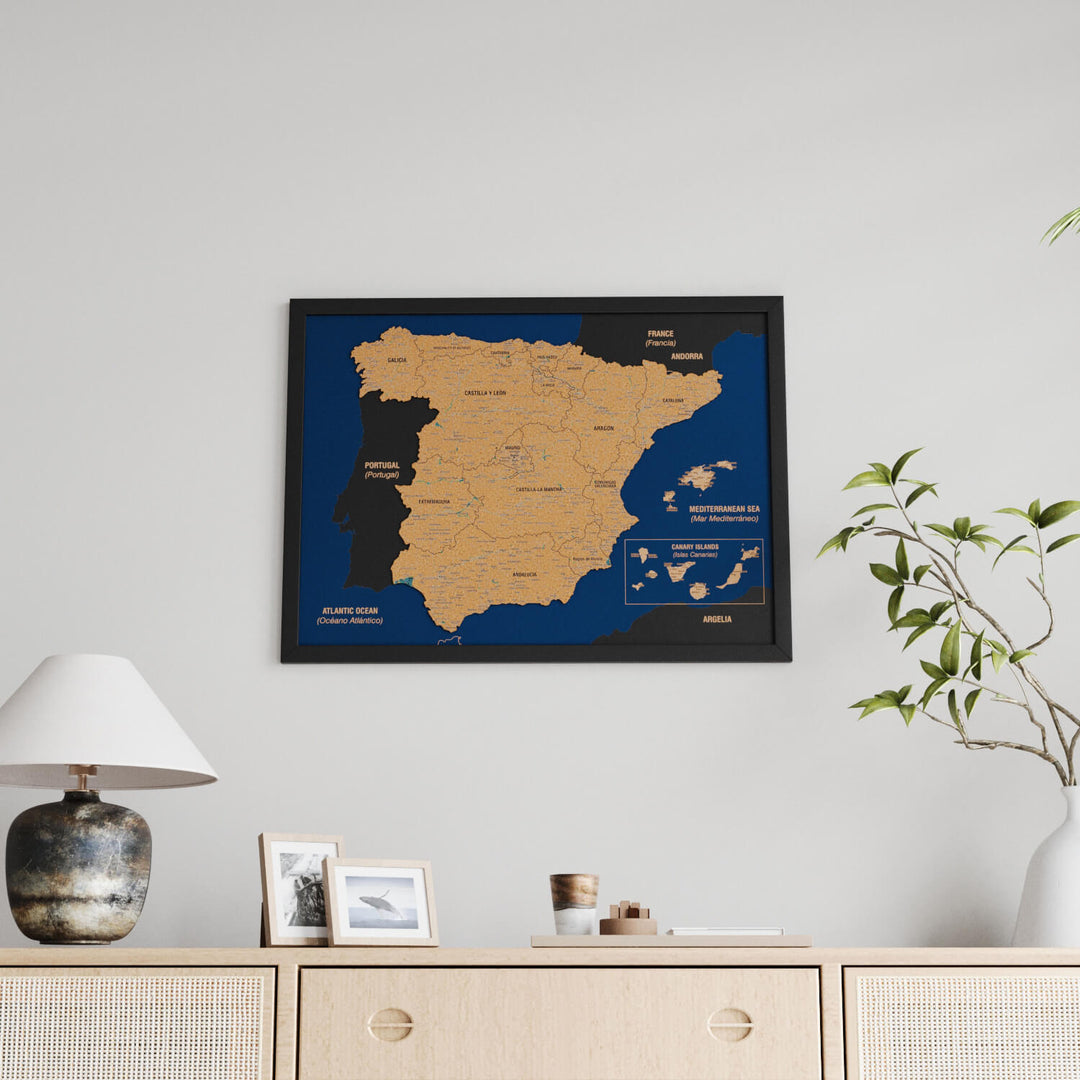 Framed Spain Cork Wall Map Decor
