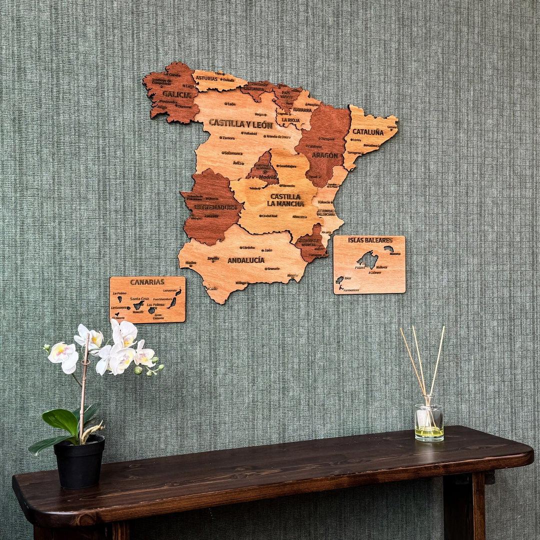 Wooden Spain map on a green textured wall above a console with an orchid, closer crop