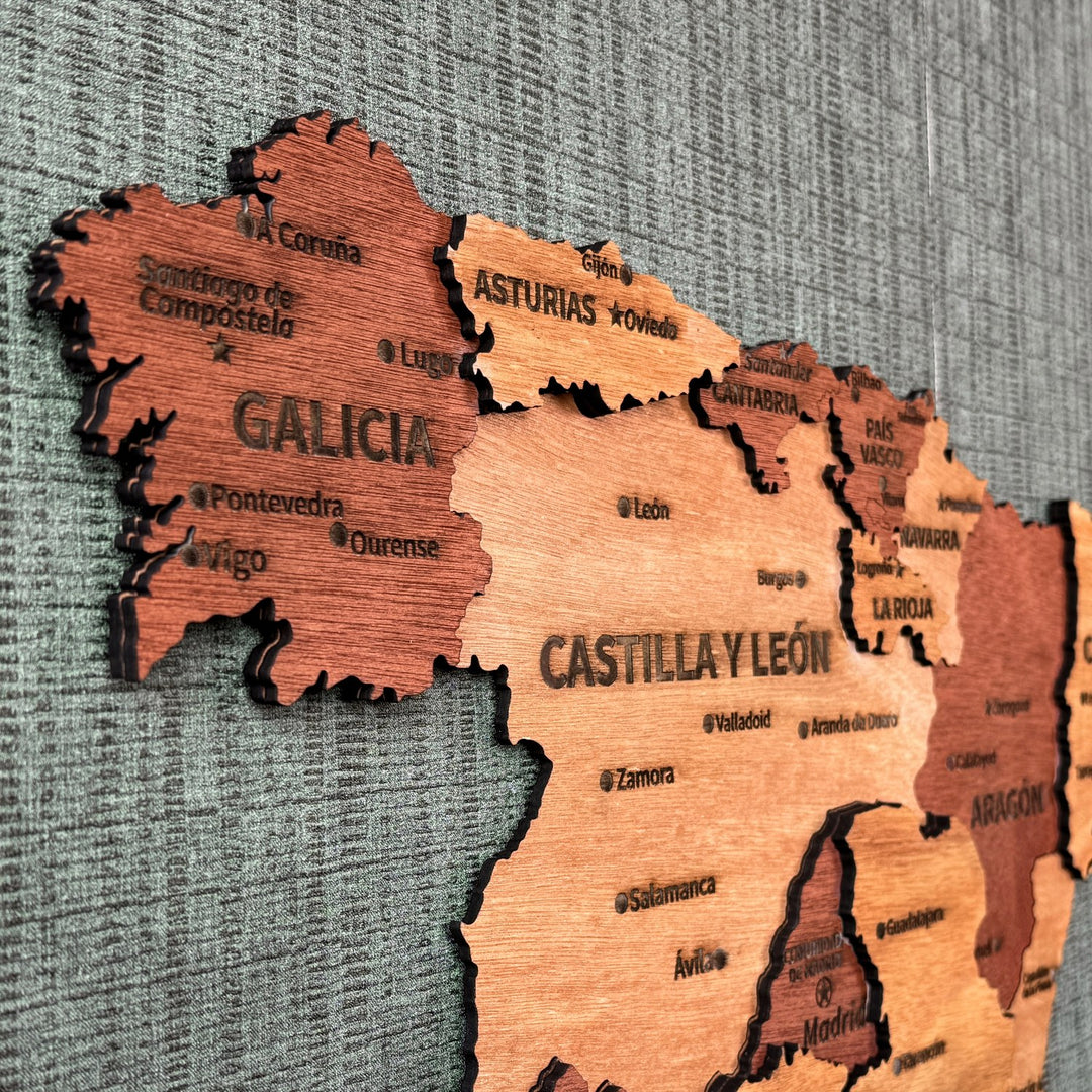 Close-up of Galicia, Castilla y León and Asturias on the layered wooden Spain map
