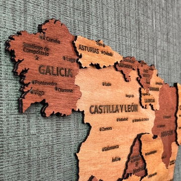 Close-up of Galicia, Castilla y León and Asturias on the layered wooden Spain map
