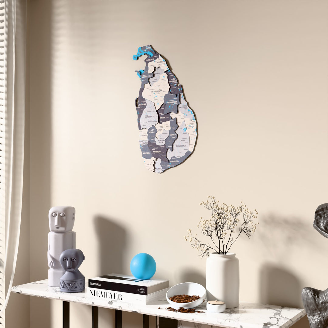 Nimbus Sri Lanka wooden wall map beside a sheer curtain, angled view