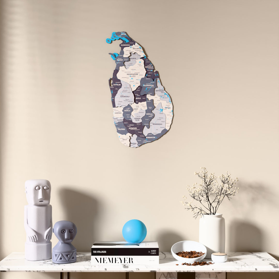 Nimbus Sri Lanka wooden wall map above a marble console, front view