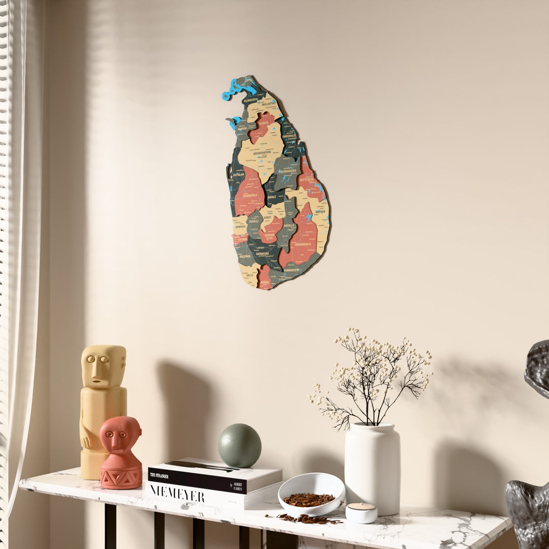 Sage Sri Lanka wooden wall map beside a sheer curtain, angled view