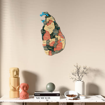 Sage Sri Lanka wooden wall map above a marble console, front view