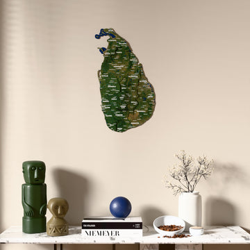 Satellite Sri Lanka wooden wall map above a marble console, front view