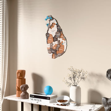 Soil Sri Lanka wooden wall map beside a sheer curtain, angled view