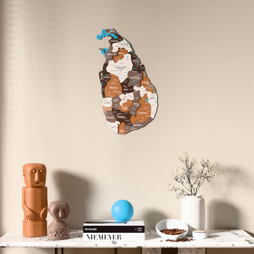 Soil Sri Lanka wooden wall map above a marble console, front view