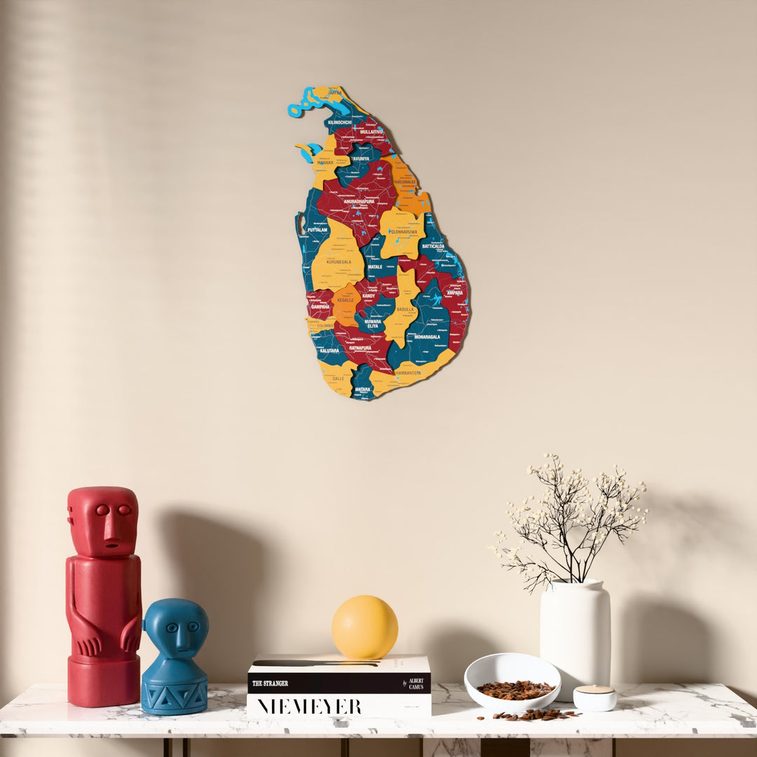 Flag colored Sri Lanka wooden wall map above a marble console, front view