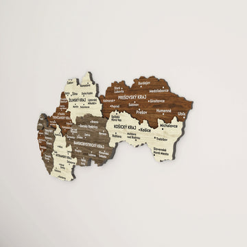 Slovakia wooden wall map with regional city labels in brown, gray and cream layers, angled front view