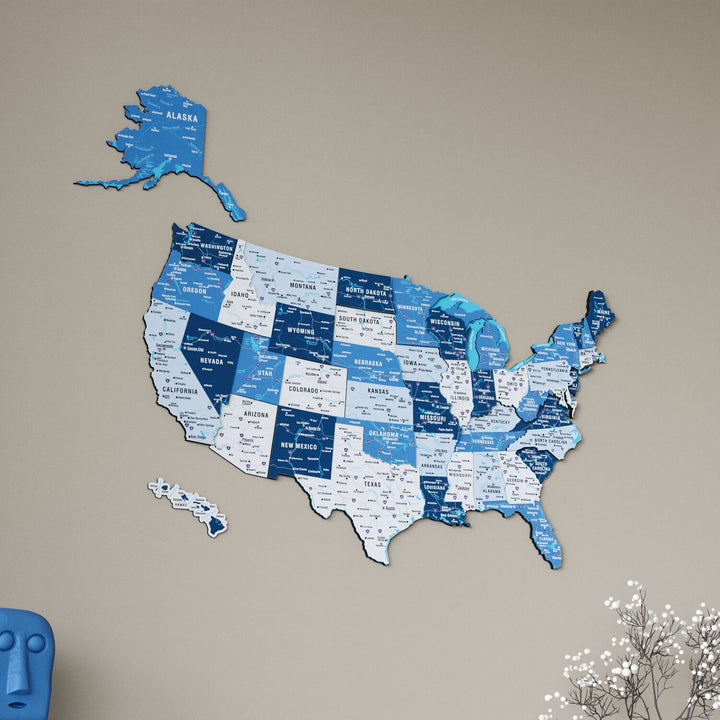 Wooden USA Map Wall Decor - 3D Multilayered Design - Navy