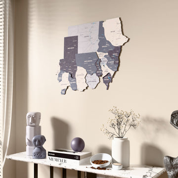 Nimbus Sudan wooden wall map beside a sheer curtain, angled view