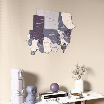 Nimbus Sudan wooden wall map on a beige wall above a console with figurines
