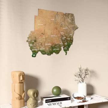 Satellite Sudan wooden wall map on a beige wall above a console with figurines